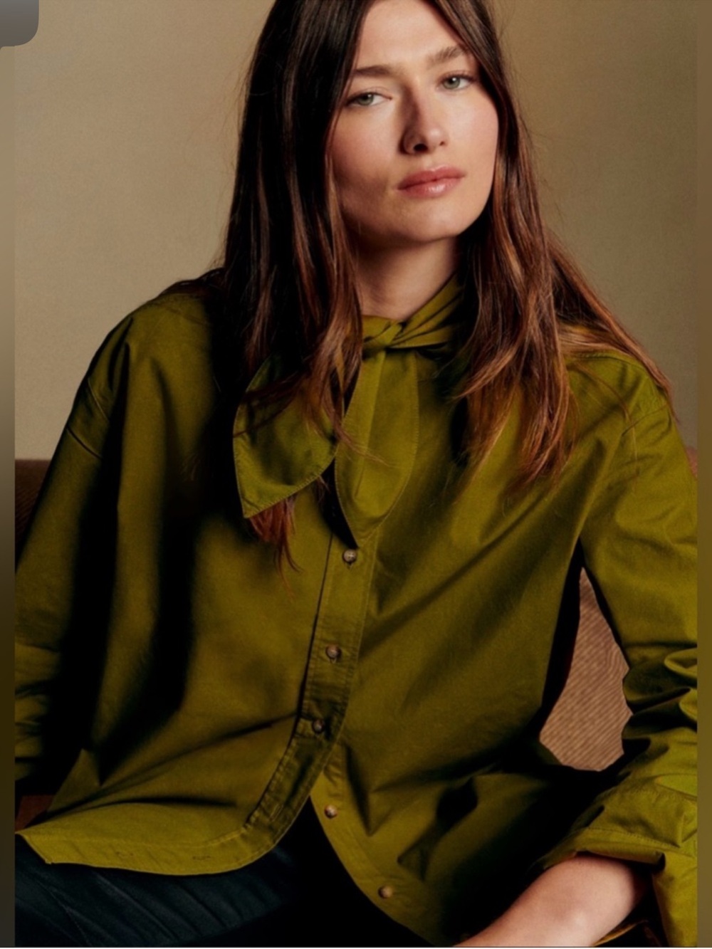 Sezane Olive Green Millie Shirt Organic Cotton Button Down